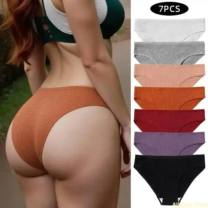 Women's 7PCS Ribbed Cotton Lingerie Panties - Breathable Cotton Underwear, Comfortable Triangle Underwear for Everyday Wear Soft High Waist Hipster Panties, Breathable Stretch Ladies Daily Underwear Multi Color Pack Fabric Womenswear tiktokshopbacktoschoo