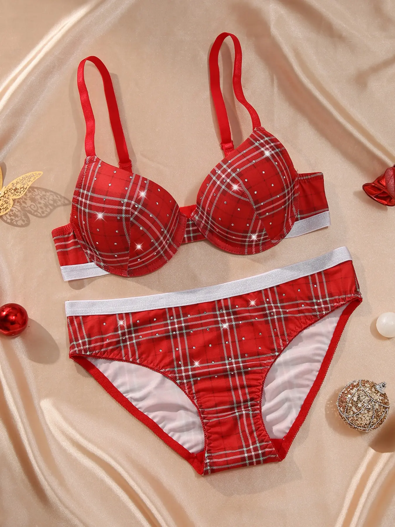 Women's Rhinestone Embellished Underwire Push-Up Bra Set – Grid Pattern with Glitter Trim, Breathable & Comfortable, Everyday Wear & Holiday Red Edition, Party