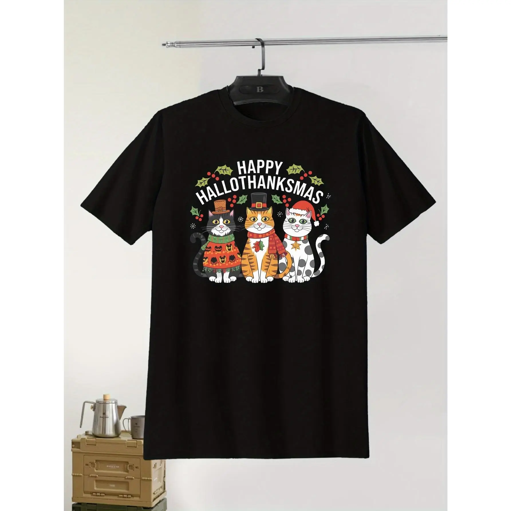 Cats Halloween Happy HalloThanksMas Print Men's Trendy Crew Neck Short Sleeve Tee, Casual & Comfy T-Shirt for Summer, Noval Gift