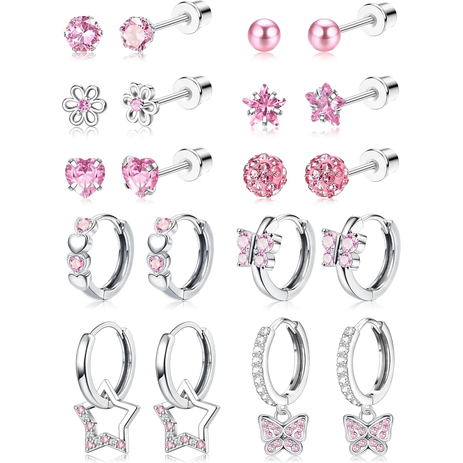 10 Pairs Screw Back Toddler Earrings, Small Huggie Hoop Earrings, Cute CZ Butterfly & Star Hoops, 20G Flat Back Earrings, Hypoallergenic Flat Back Earrings for Girls, Kids Surgical Steel