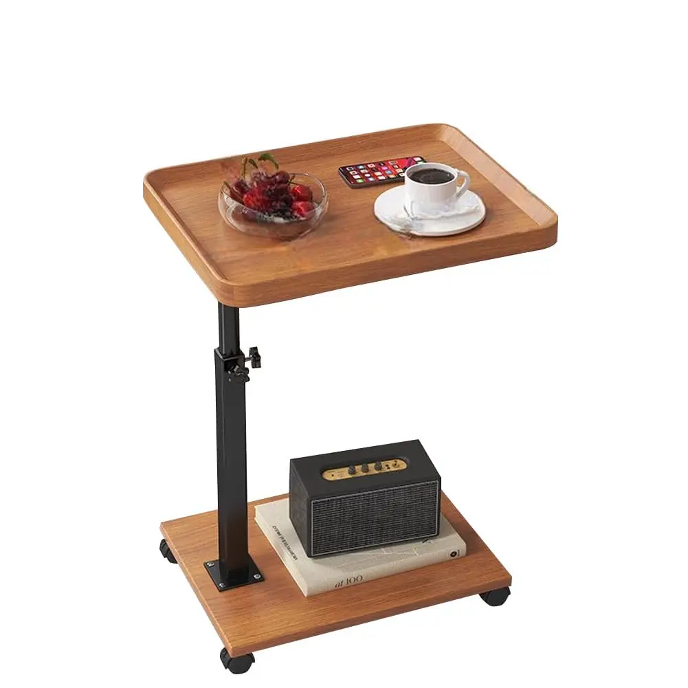 Walnut Wood Finish Rectangular C-Shape Side Table - Height Adjust, 360° Swivel Base, Rolling Wheels for Easy Mobility, Ideal for Small Living Rooms, Bedrooms