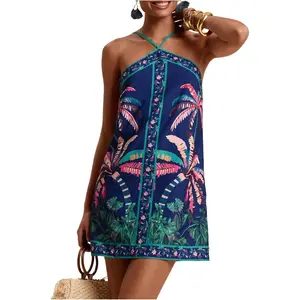 MakeMeChic Women's Boho Tropical Halter Mini Dress Backless Summer Vacation Dresses Floral Sundress