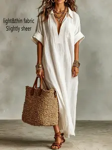 Linen Long Shirt Dress, Breathable Natural Linen Fabric, Embroidered Front Detail, Casual Boho Style, Perfect for Beach Vacations