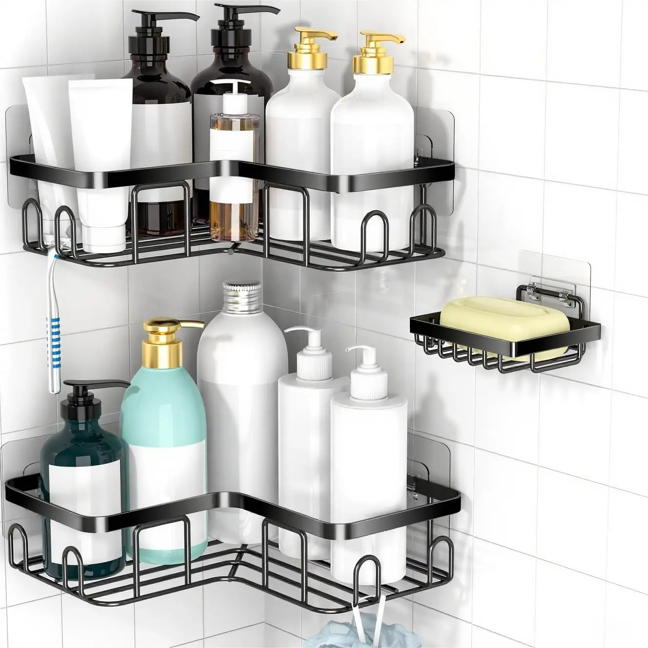 Self Adhesive Corner Shower Caddy Shelf Organizer Rack, Black Bathroom Shelves Basket, Wall Shower Inside Organization and Storage Decor, RV Accessories, First Apartment EssentialsGift