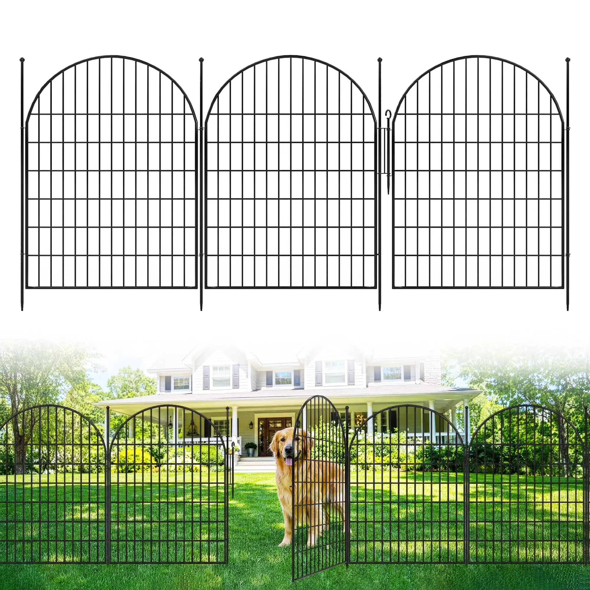 10-Panel Decorative Metal Garden Fence with Gate, 40 in H x 23.6 ft L, Arched Design, No-Dig Installation, Black