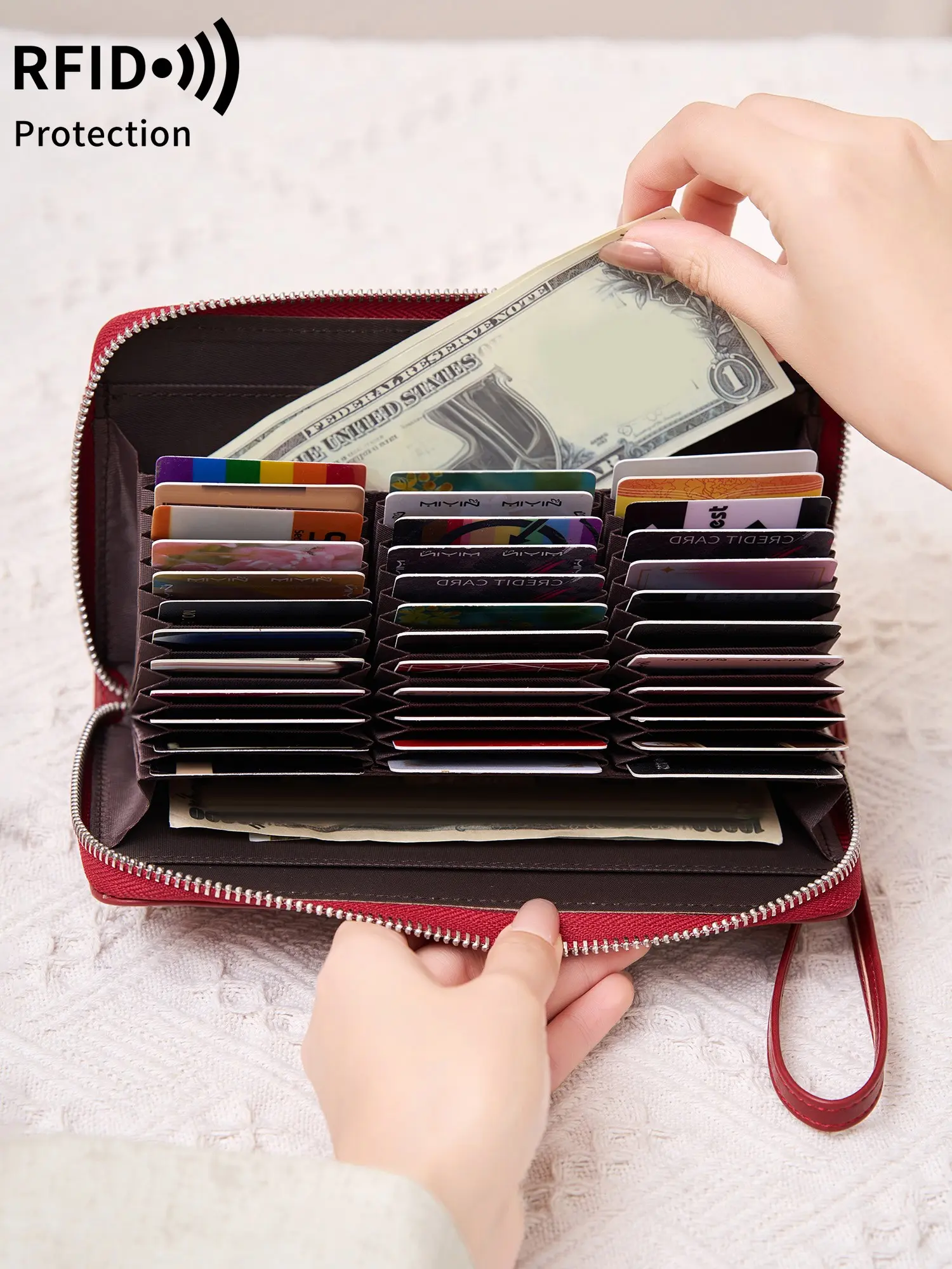 Ladies' Long Wallet, Rfid Wallets, RFID Anti-Theft Brush, Large Capacity Hand-Held Bag, 36 Card Slot Accordion Style Design, Zipper Closure, Zipper Pocket, Large Cash Slot, Wrist Strap, Suitable For Daily Travel
