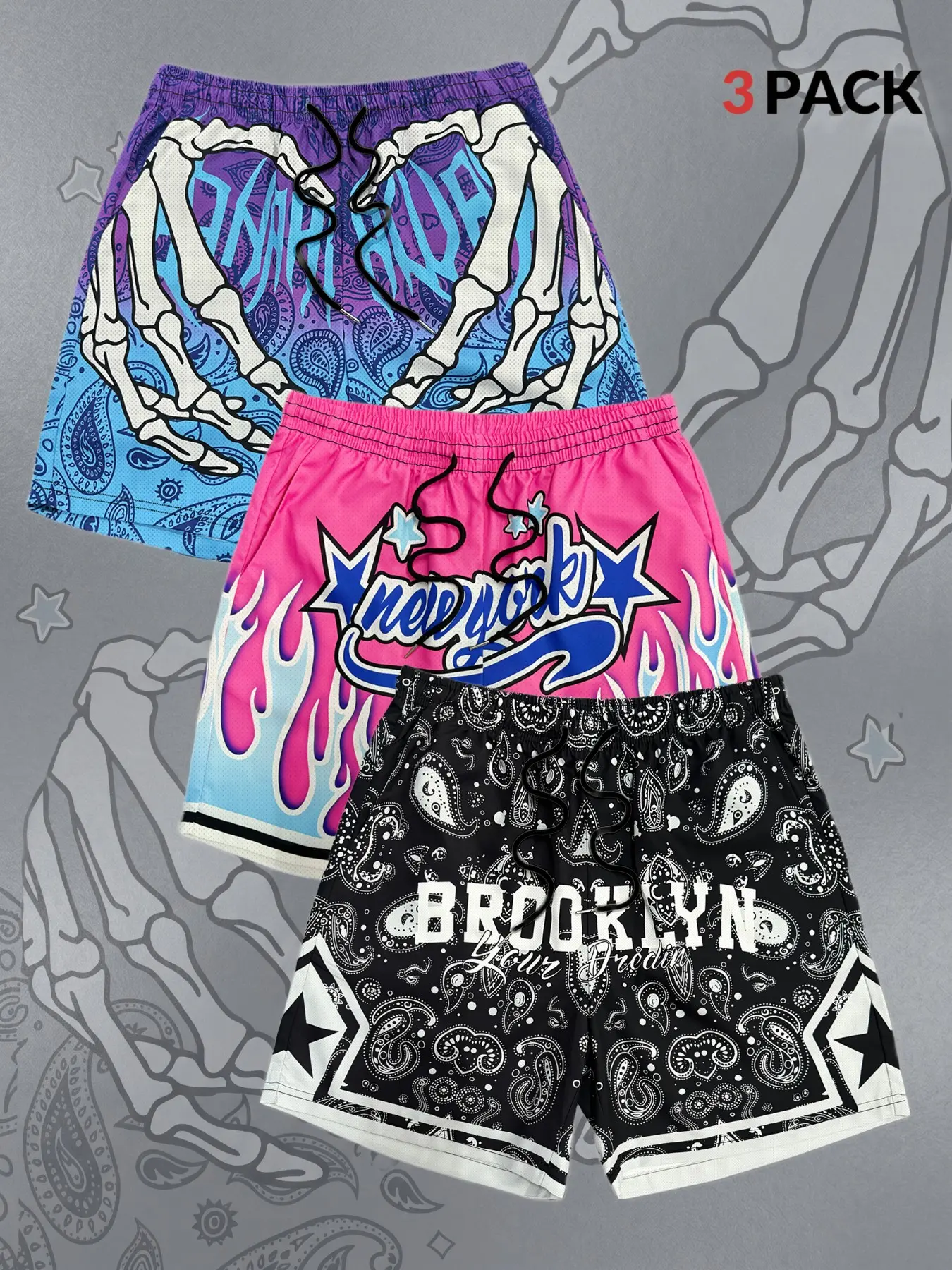 3-Pack American Street Style Casual Graphic Shorts for Men, Skull Heart Flame New York Print, Loose Fit Sporty Five-Quarter Pants, Above the Knee