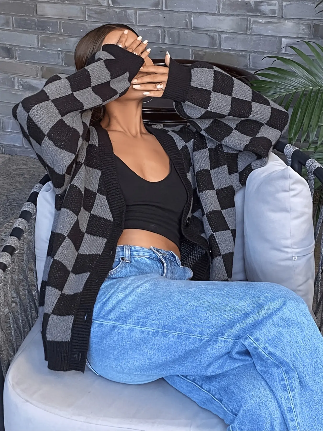 New Loose Fit Elegant Outdoor Women's V Neck Single Button Checkered Plaid Casual Cardigan, Knit Fabric, Spring Y2K Goddess Style, Festival Commute Fashion