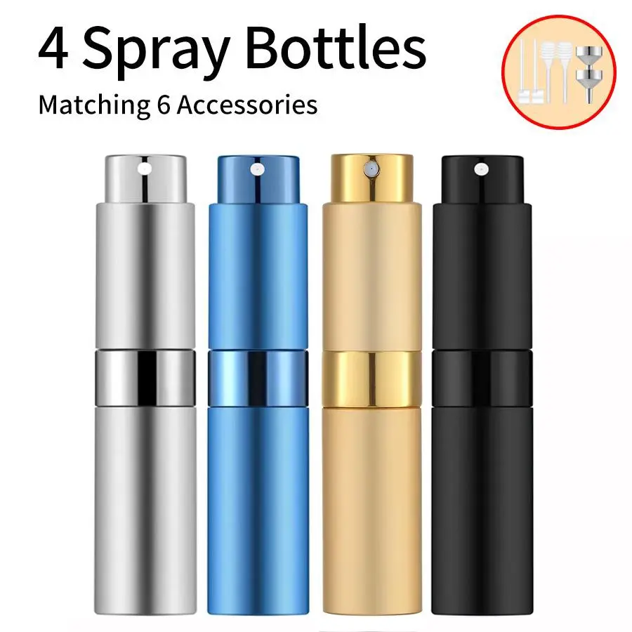 4pcs 8ML Travel Perfume Atomizer Bottle Reusable Cosmetics Accessories, Includes 4 Spray Bottles, 2 Aluminum Funnel, 2 Dispensing Tools, 2 Spring Straws