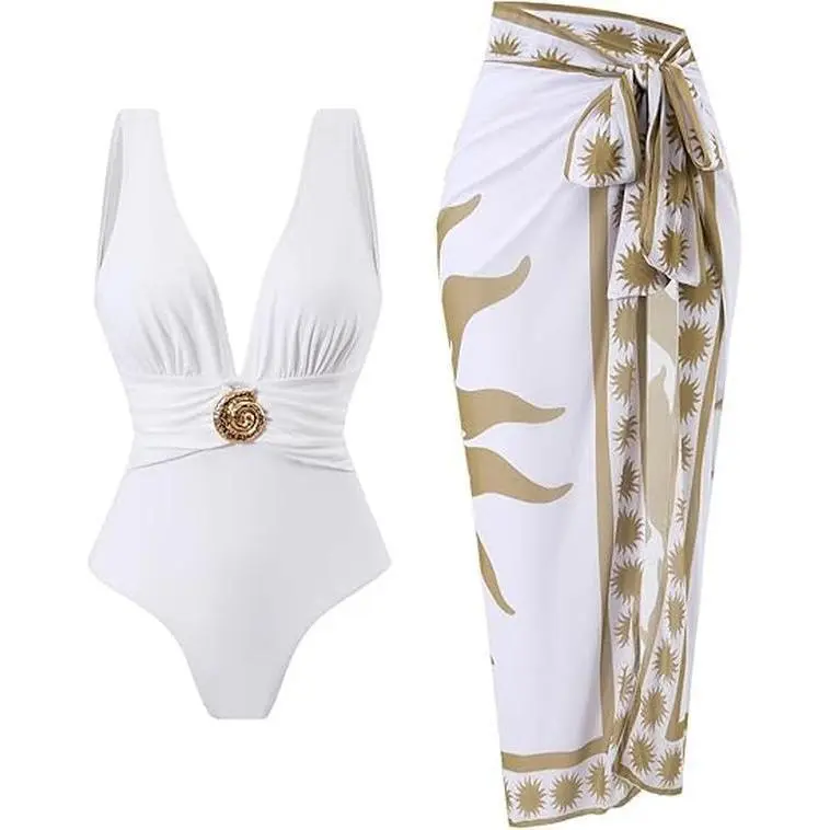 One Piece Swimsuit with Cover up Wrap Skirt Sarong Floral Print Plunge V Neck Bathing Suit for Women