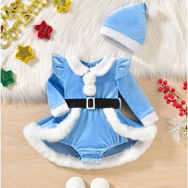 Baby Girls' Polyester Christmas Romper Dress Set - Plush Patchwork Long-Sleeve Jumpsuit, Cute Santa Hat for Toddler Clothing