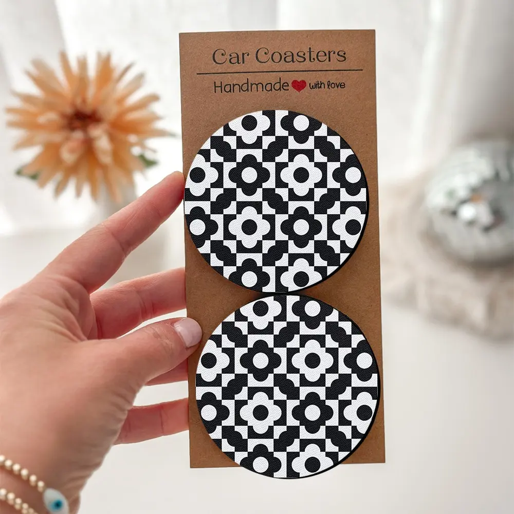 B&W Floral Checkerboard Drink Coasters, 2/4Pcs - Retro Geo Kitchen Pad, Absorbent Tableware, Moving Gift, Birthday, Christmas, Valentine's Day