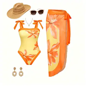 Women's 2 Piece Swimsuit Set,Floral Print Bow Strap One Piece With Matching Wrap Sarong Set,Tropical Vacation Pool Beach Bathing Suit Outfit
