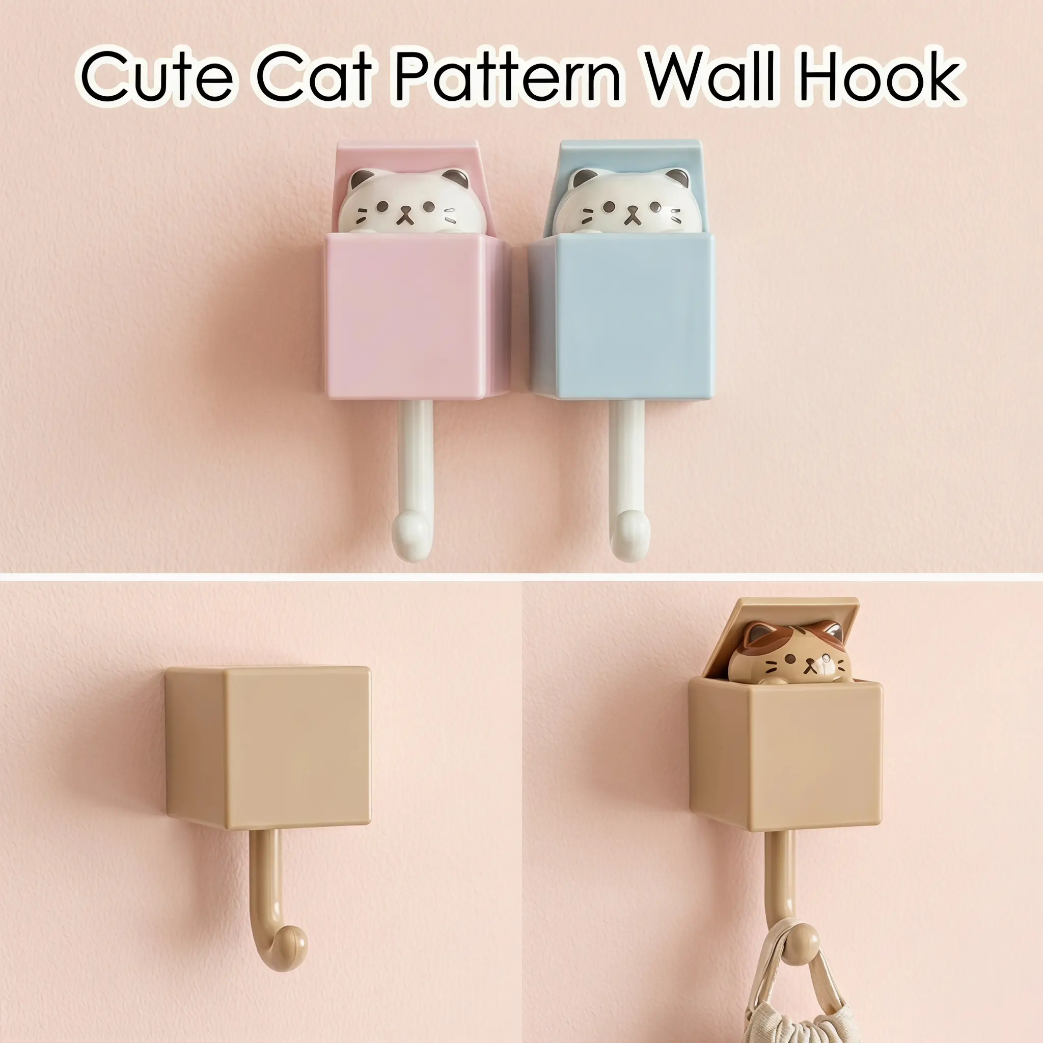 Cute Cat Design Wall Mounted Decorative Plastic Wall Hook, Punch Free Adhesive Organiser Hook for Coat, Scarf, Hat, Towel, Key, Bag, Utility Hook for Wall Hanging Decorations, Summer for Gift-YY1