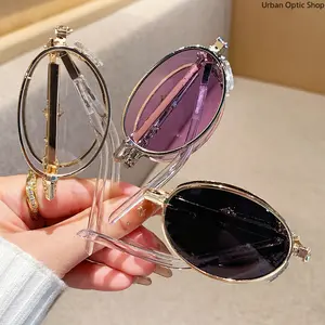 XUH Foldable Small Oval Retro Sunglasses for Men & Women, Metal Frame with Clear Temples UV400 Protection, Vintage Mini Frame Sun Glasses for Daily Streetwear Party Travel