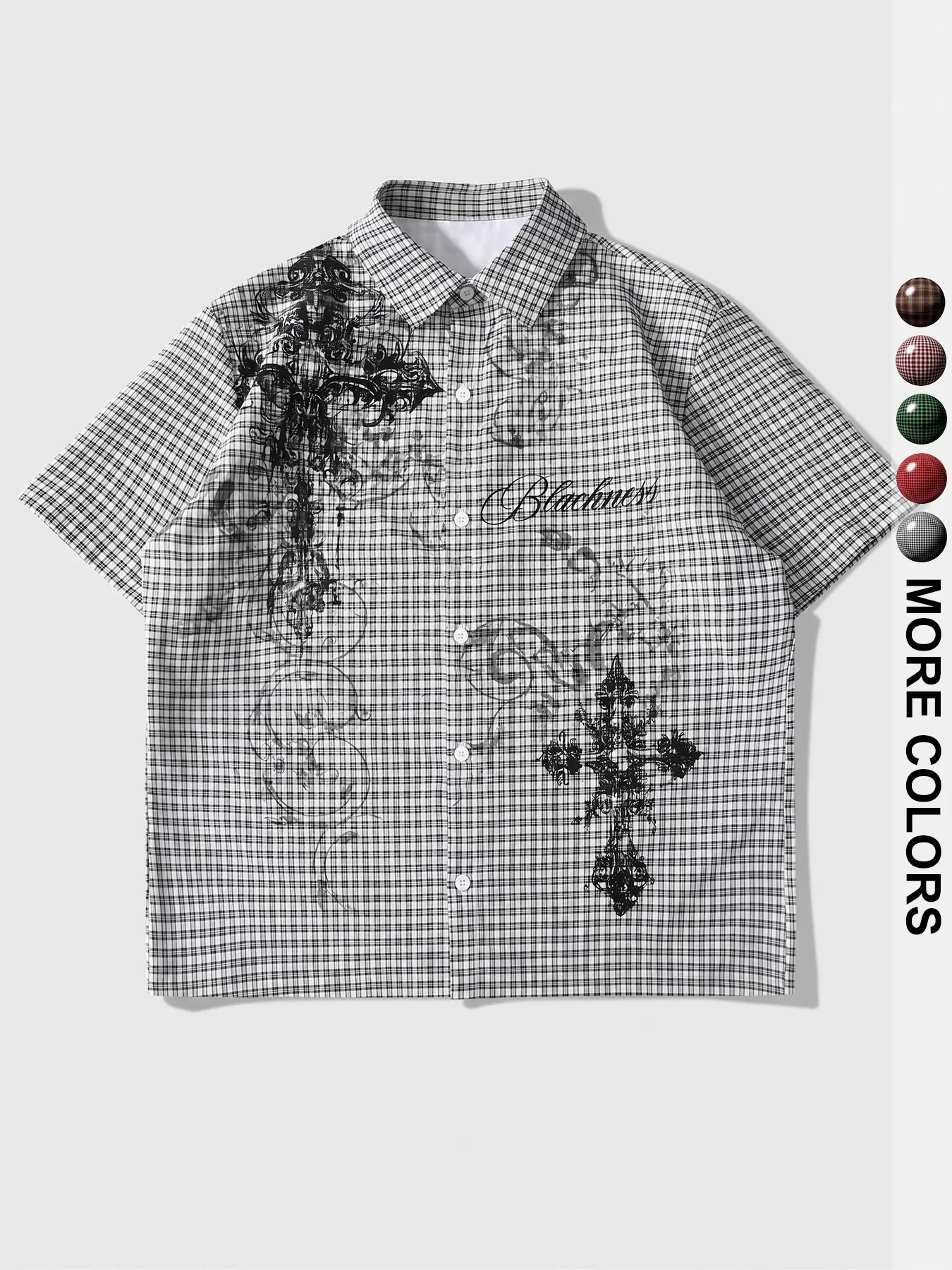 Men's Short Sleeve Shirt Y2K Gothic Cross Graphic Printed Plaid Lapel Collar Button Down Loose Fit Casual Streetwear Top