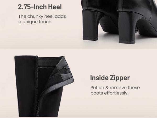 Athlefit Knee High Boots for Women Square Toe Chunky Heeled Tall Boots with Side Zipper