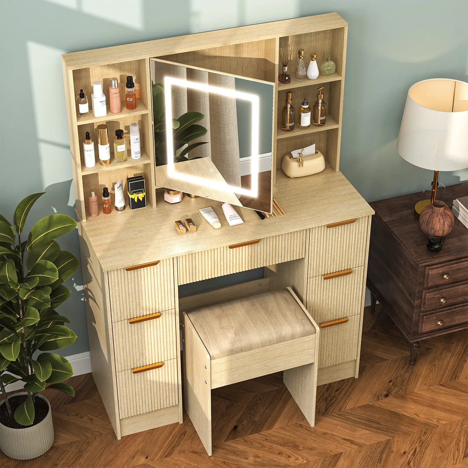 Light Coffee Makeup Vanity Table Set with LED Mirror and Stool, 7 Drawers & 6 Shelves, Dressing Table for Bedroom