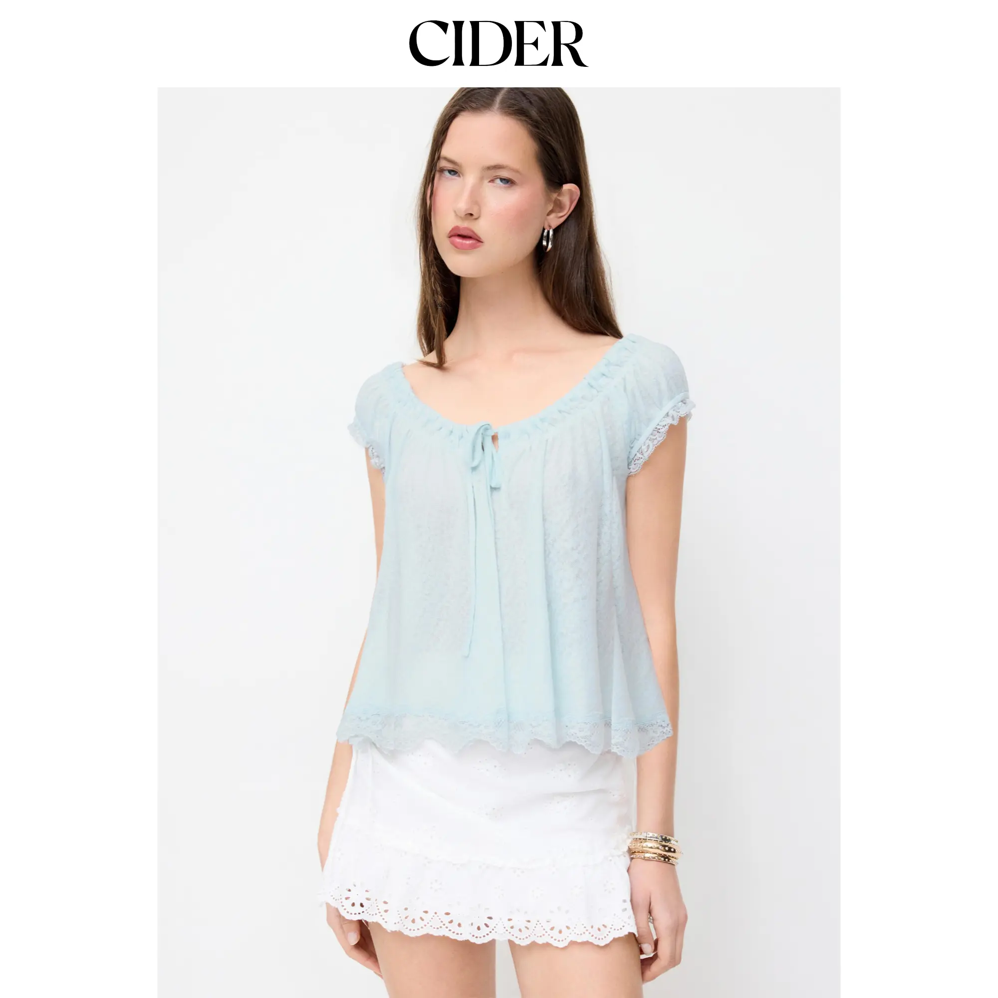 Cider Textured Scoop Neck Drawstring Lace Trim Oversized Top SummerWins SummerFinds