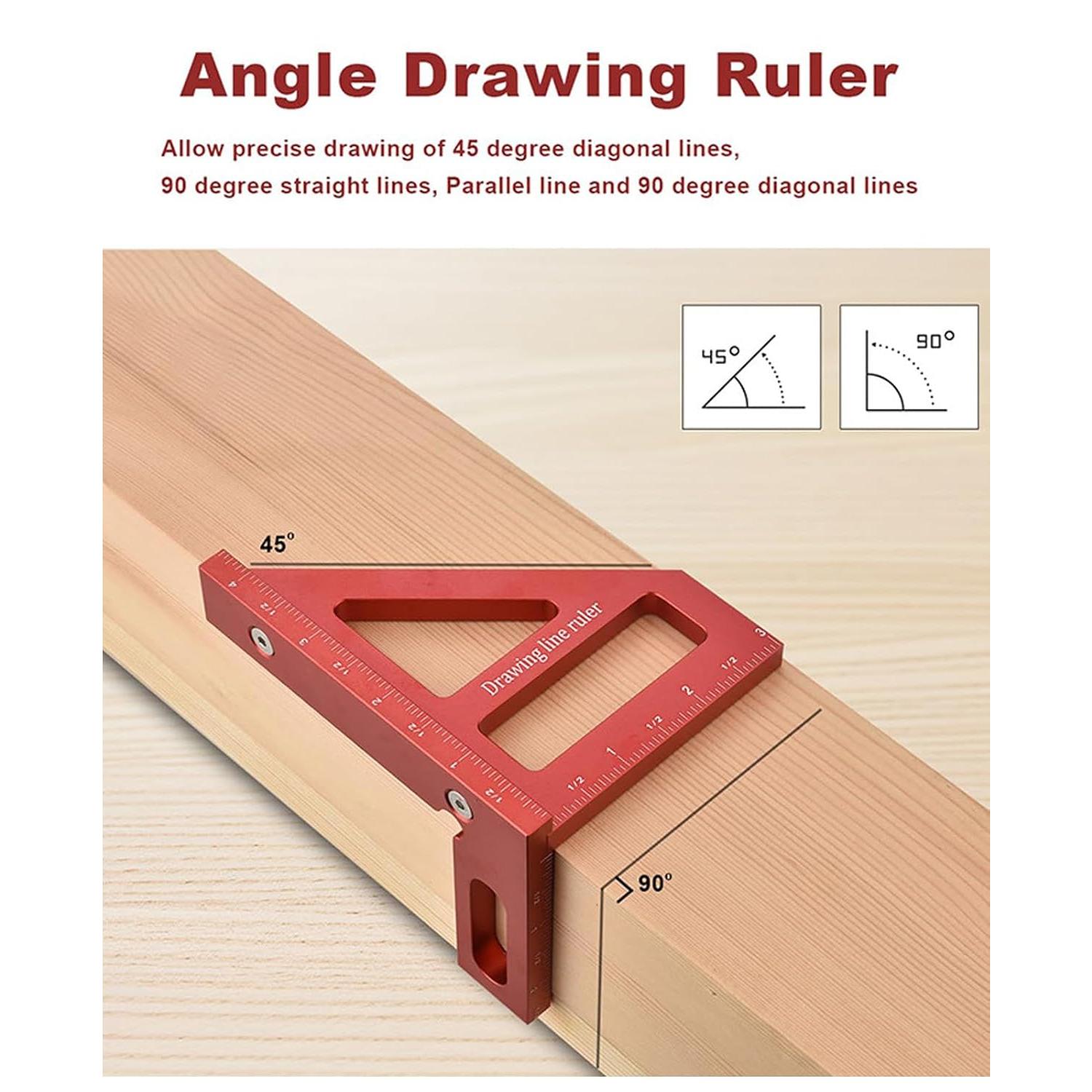 Imperial  Multi-Angle Measuring Ruler,Miter Triangle Ruler Precision Layout Measuring Tool,45/90   Alloy Woodworking Square Protractor for Woodworking (Red)