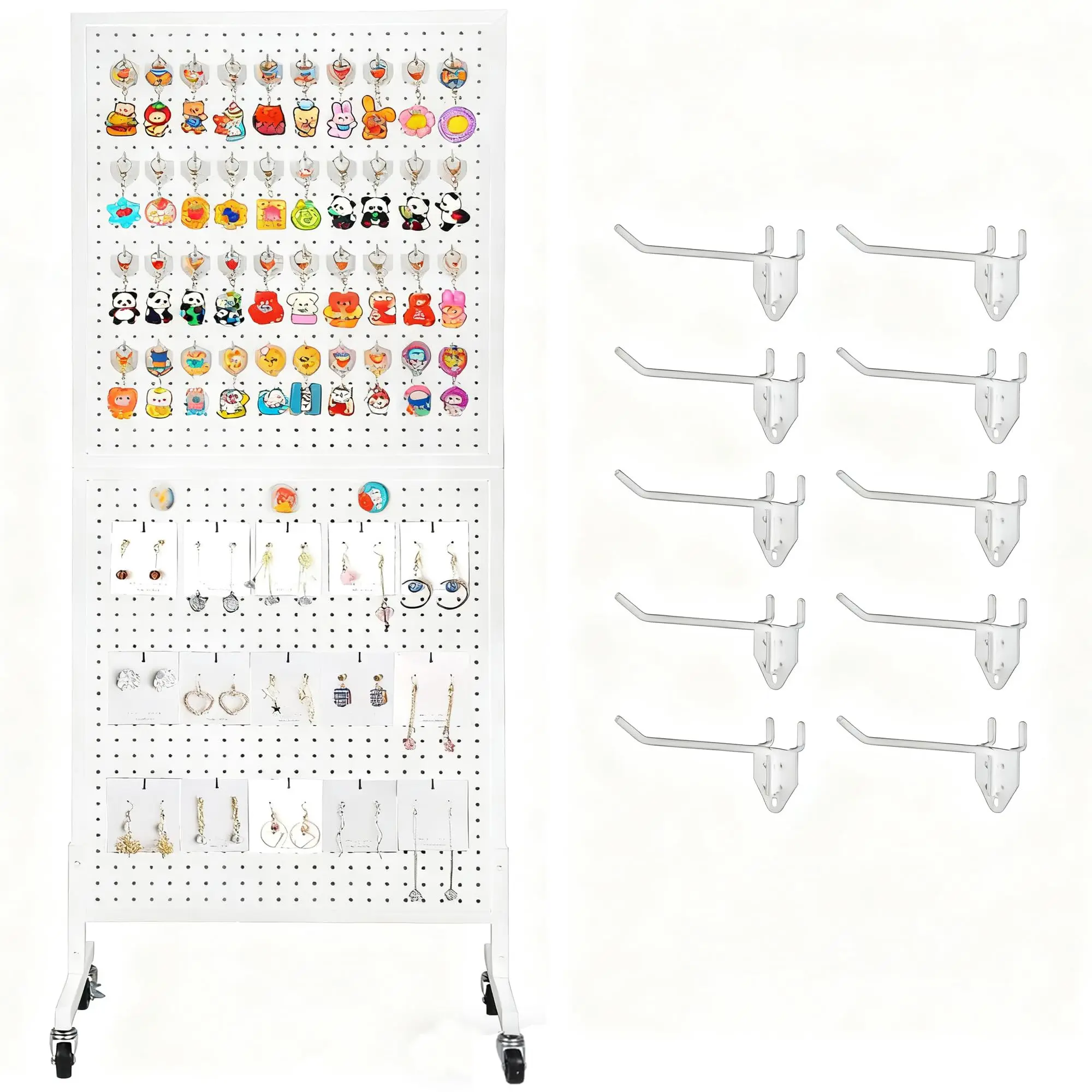 Heavy-Duty Metal Pegboard Display Rack – 2'x5' Floor Standing Organizer with Adjustable T-Base, Wheels & 10 Hooks – Ideal for Retail, Store, Market, Home, Garage – Black