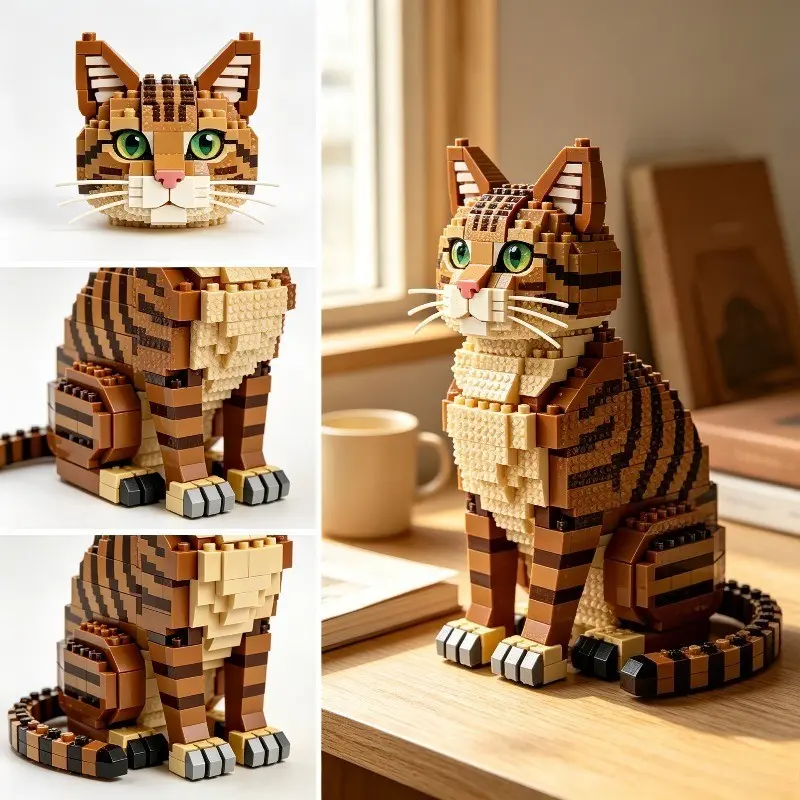 1010 Piece Striped Cat Building Blocks, Building Block Sets, Pet Model Display, Collection Set, Desktop Decor, Birthday Gift for Adults, Creative Pet Decoration