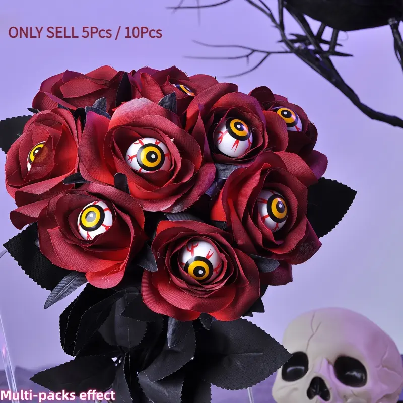 5/10PCS Gothic Burgundy Artificial Roses with Horror Bloodshot Eyeballs, Fake Fabric Flowers with Black Stems and Leaves, Halloween Spooky Decor for Party, Haunted House, Escape Room Scenery, Table Vase Arrangement, Fake Flower Bouquet