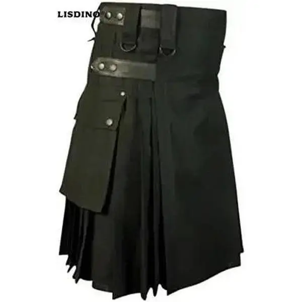 Scottish Designer Men's Black Utility Kilt Mens Utility Kilt Pin Scottish Tartan Royal Stewart Pockets Kilts