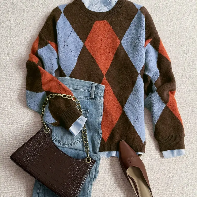 【Black Friday】Women's Autumn & Winter Sweater Pullover, Geometric Diamond Pattern Design, Round Neck Long Sleeves Loose Knitted, Comfortable Warm Fashion