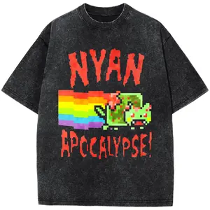 Nyan Cat Apocalypse Unisex Crew Neck T-Shirt for Men and WomenPlus Size T-Shirt, Retro Fitness Heavyweight Washed T-Shirt, 100% Cotton