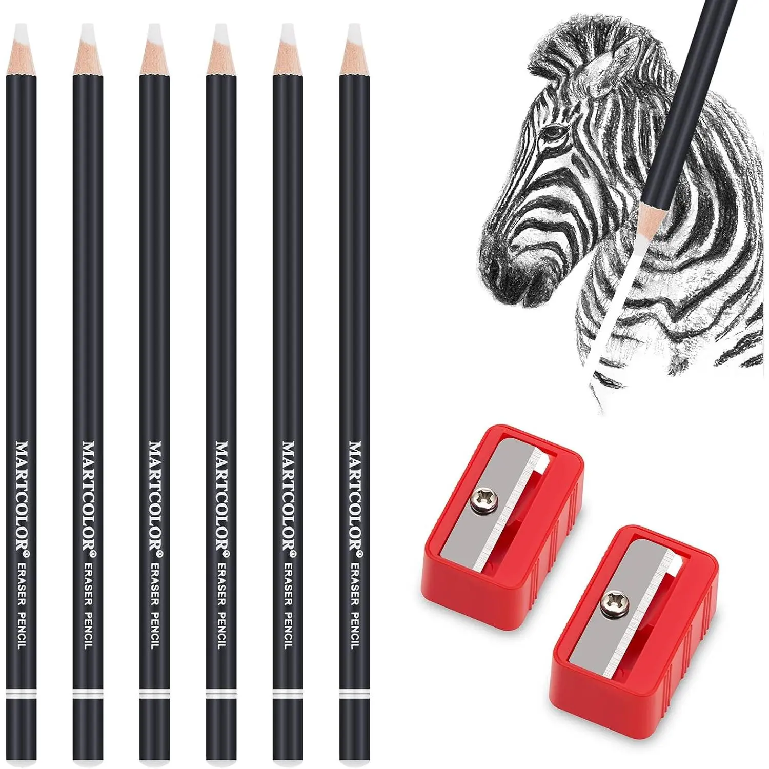 6 count Eraser Pencils and 2 count Sharpener, Fine Detail Eraser for Sketching, Charcoal Drawings & Colored Pencils
