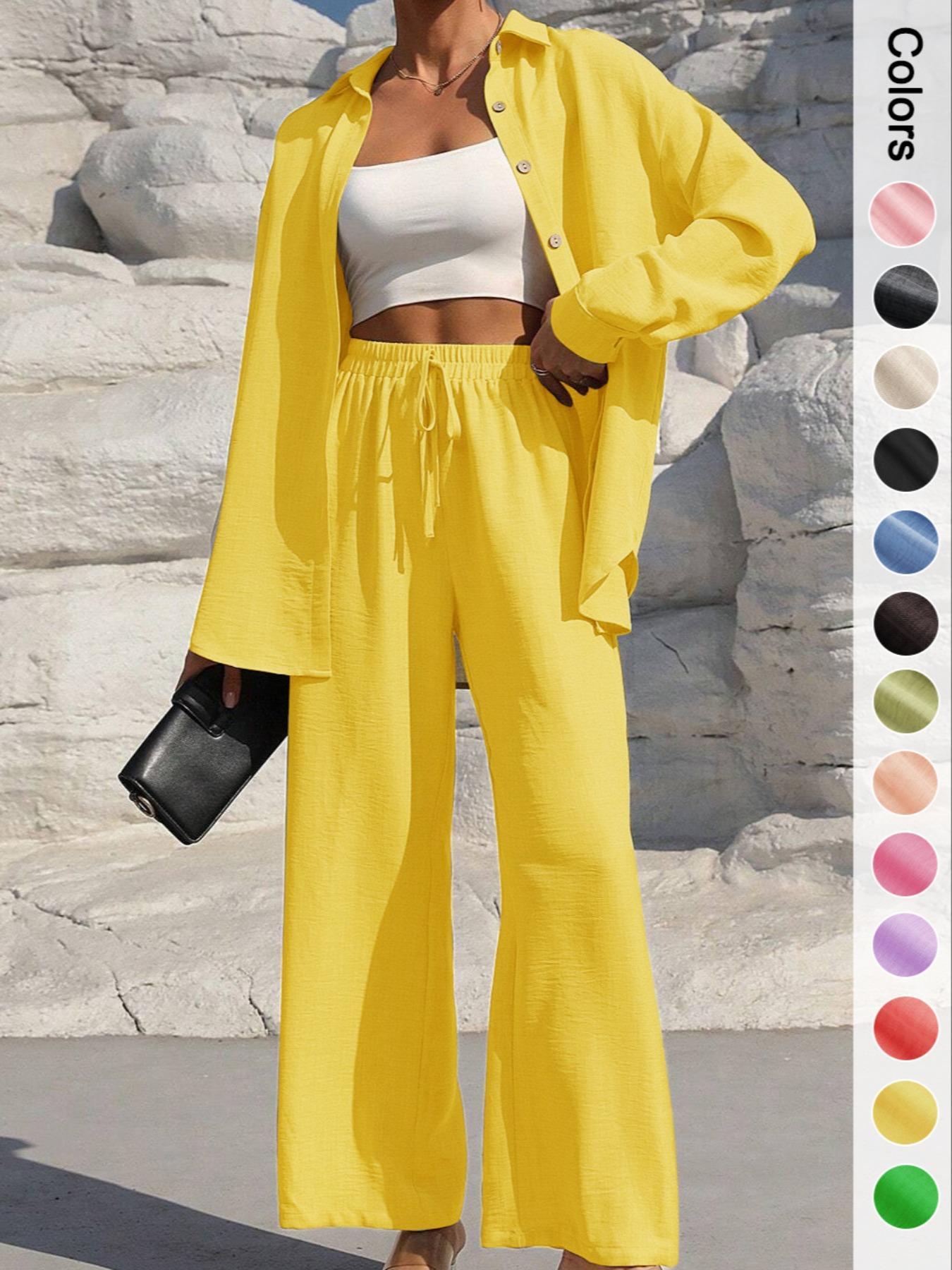 Women's Solid Button Front Shirt & Tie Front Wide Leg Pants Two-piece Set, Casual Drop Shoulder Long Sleeve Top & Trousers 2 Piece Set for Spring & Fall, Women's Clothes for Daily Wear, Casual Outfits Women
