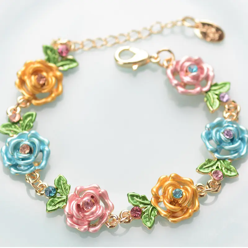 Vintage Enamel Rose Flower Link Bracelet for Women, 20cm Adjustable Gold Chain Floral Wrist Jewelry with Rhinestone Leaf Detail, Elegant Romantic Bracelet Gift, 5 Colors Available