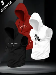 3-Pack Faith Prayer Hoodie Tank Tops, Cross Faith Letter Print, American Casual Fitness Hoodies, Sleeveless Unisex Apparel