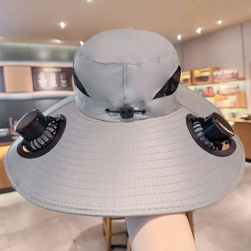 Cooling Hat with Fan, Solar Powered Fan Hat for Men Women, Dual Fan Sun Hat USB Rechargeable, Wide Brim Sun Protection Hat for Outdoor Fishing Hiking Gardening