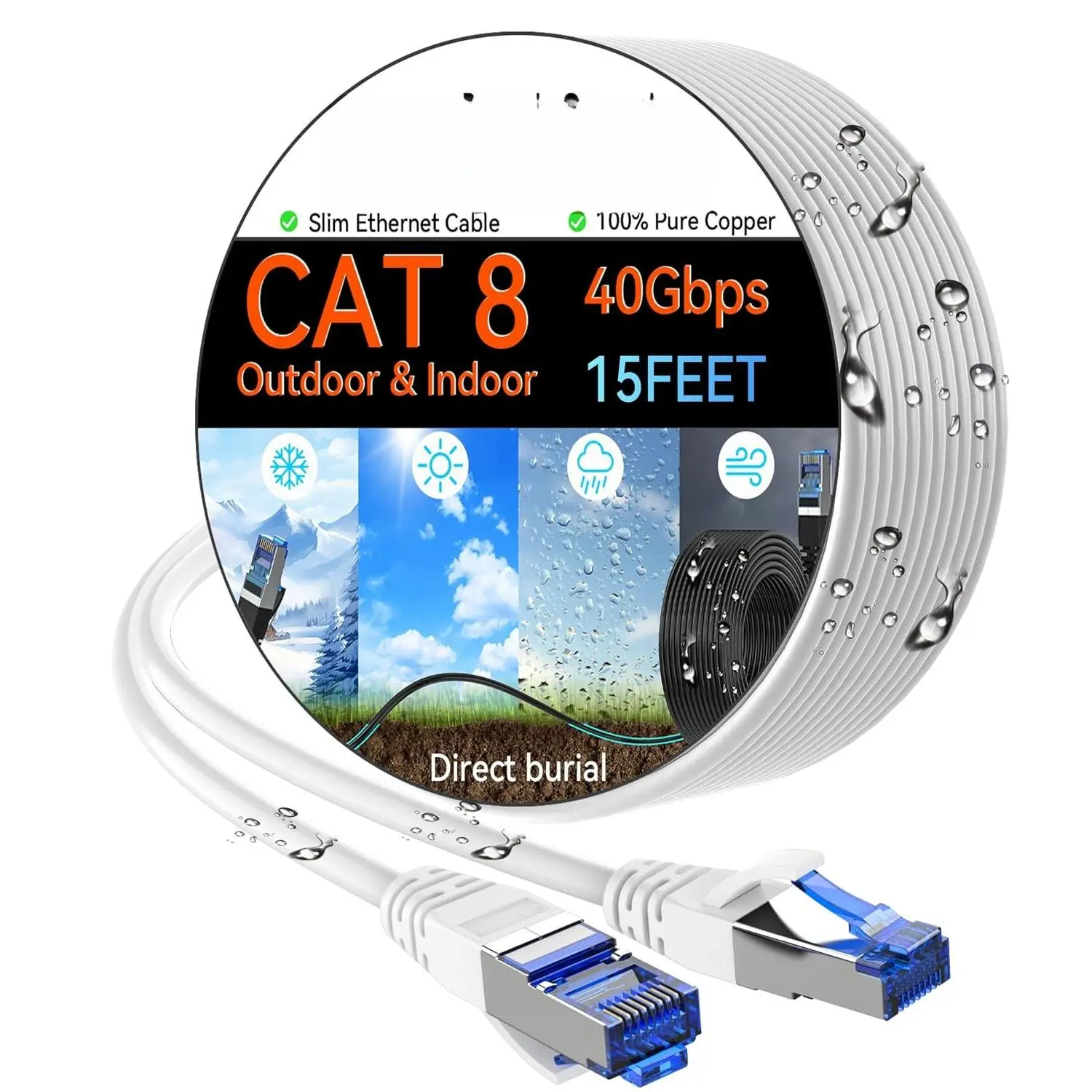 8 Ethernet  Slim 15ft Outdoor&Indoor, Pure Copper Cat8 Internet  for  & Direct Burial, Flexible Cat8 Ethernet  40G 2000MHZ,  8 Network  for Indoor White