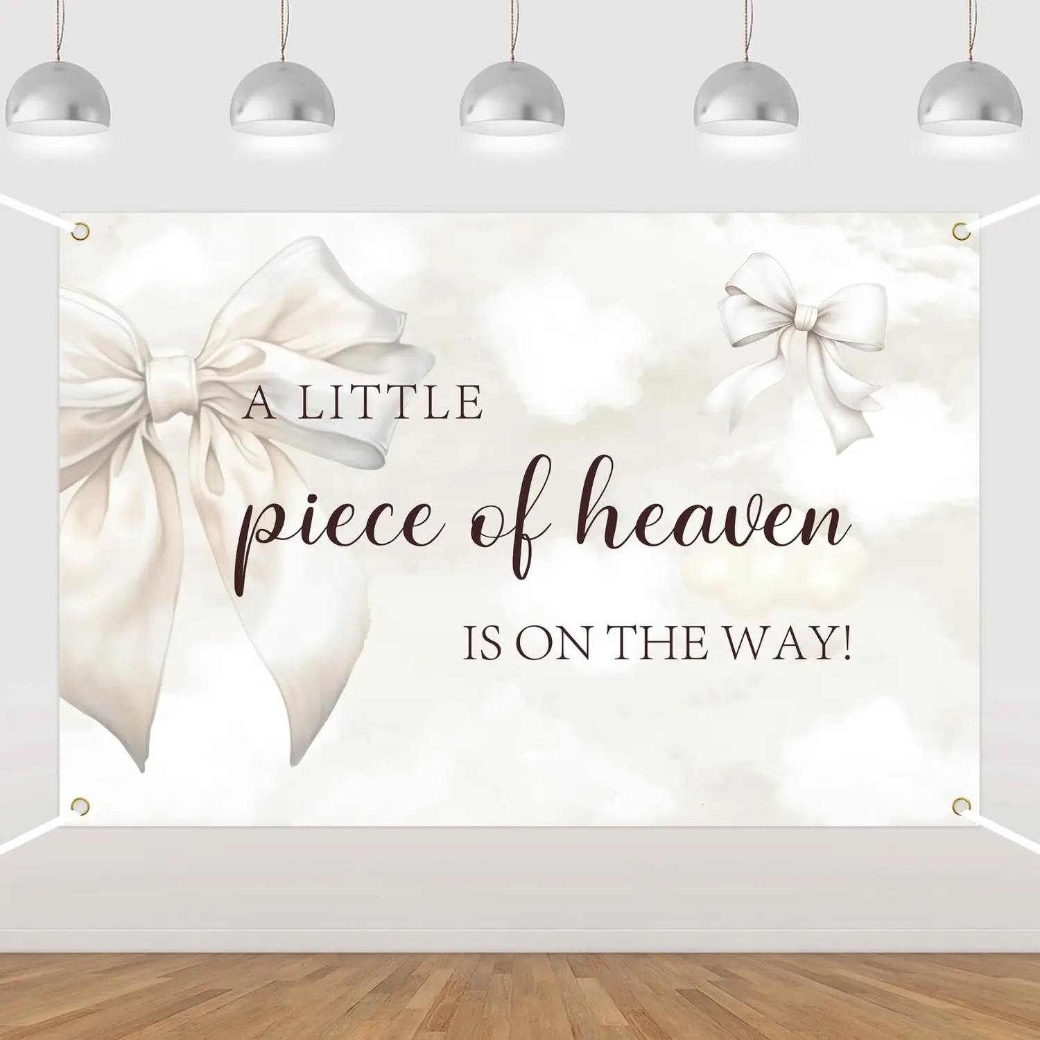 1Set A Little Piece of Heaven is On The Way Backdrop White Bows Clouds Theme Backdrop Banner Heaven Sent Photography Background for Girls Baby Shower Supplies 5  3ft