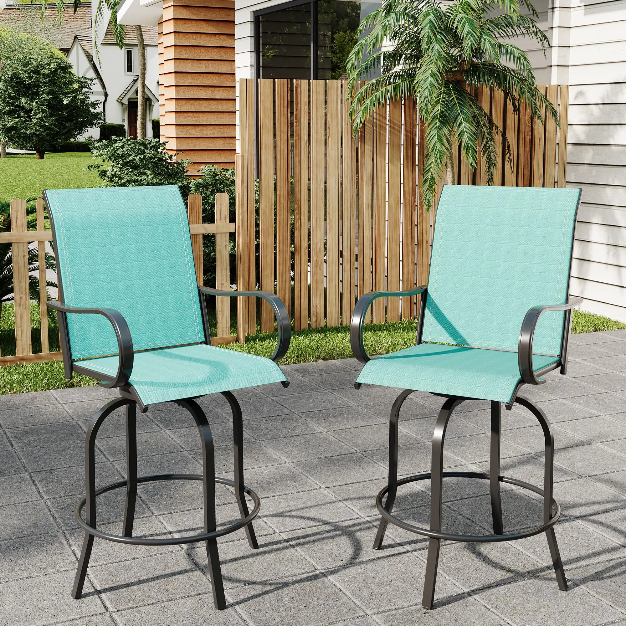 Patio Swivel Bar Stools Set of 2 AllWeather Textilene Mesh Outdoor Bar Chairs with High Back Armrest for Backyard Deck Garden 330lbs Capacity