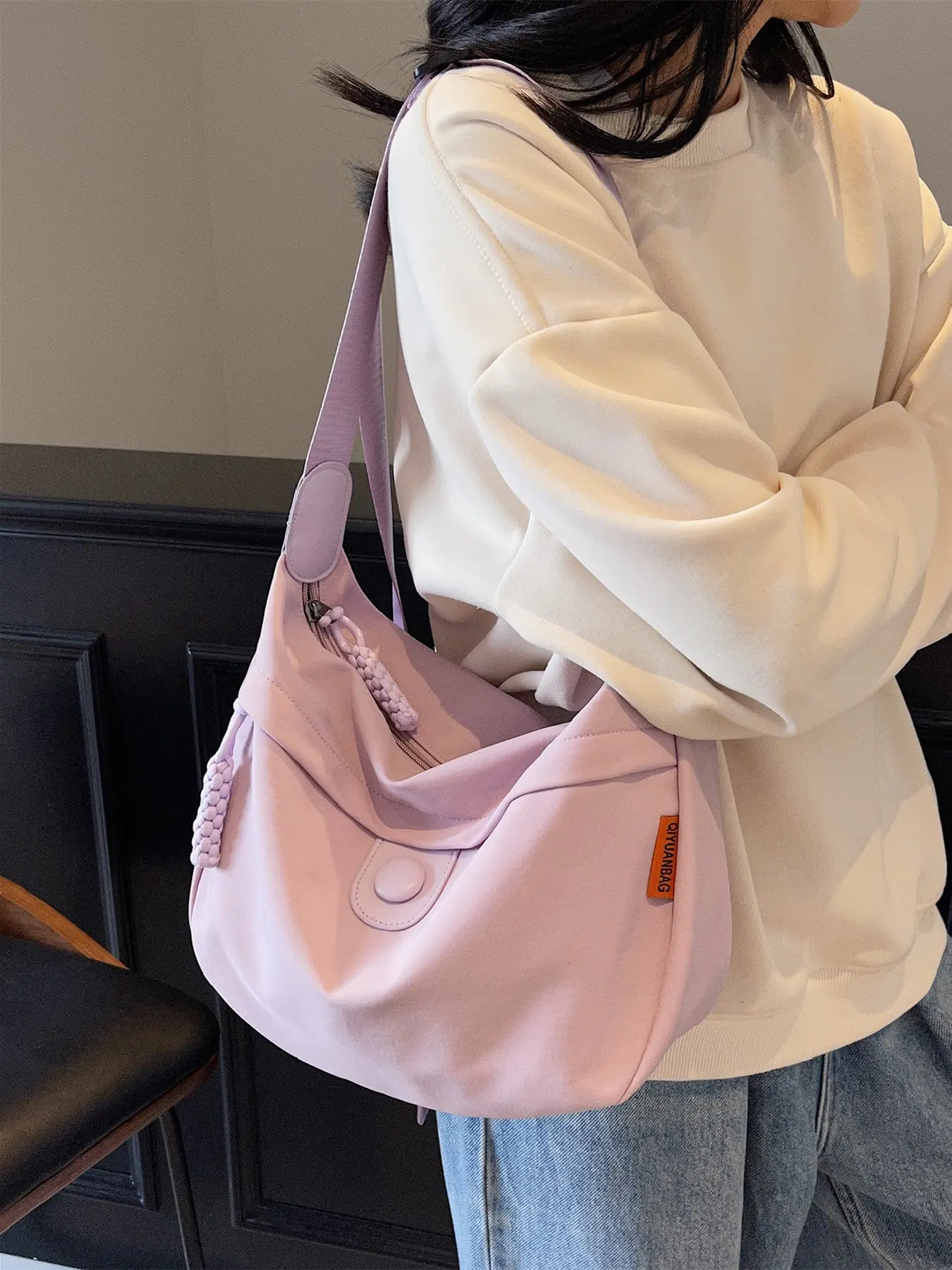 Korean Minimal Multi Color Nylon Dumpling Crossbody Bag For Women, Braided Rope Zipper Snap Large Commute Hobo Purse, Adjustable Wide Webbing Strap Lightweight Waterproof Student Casual Shoulder Tote Bag, fashionable casual bag