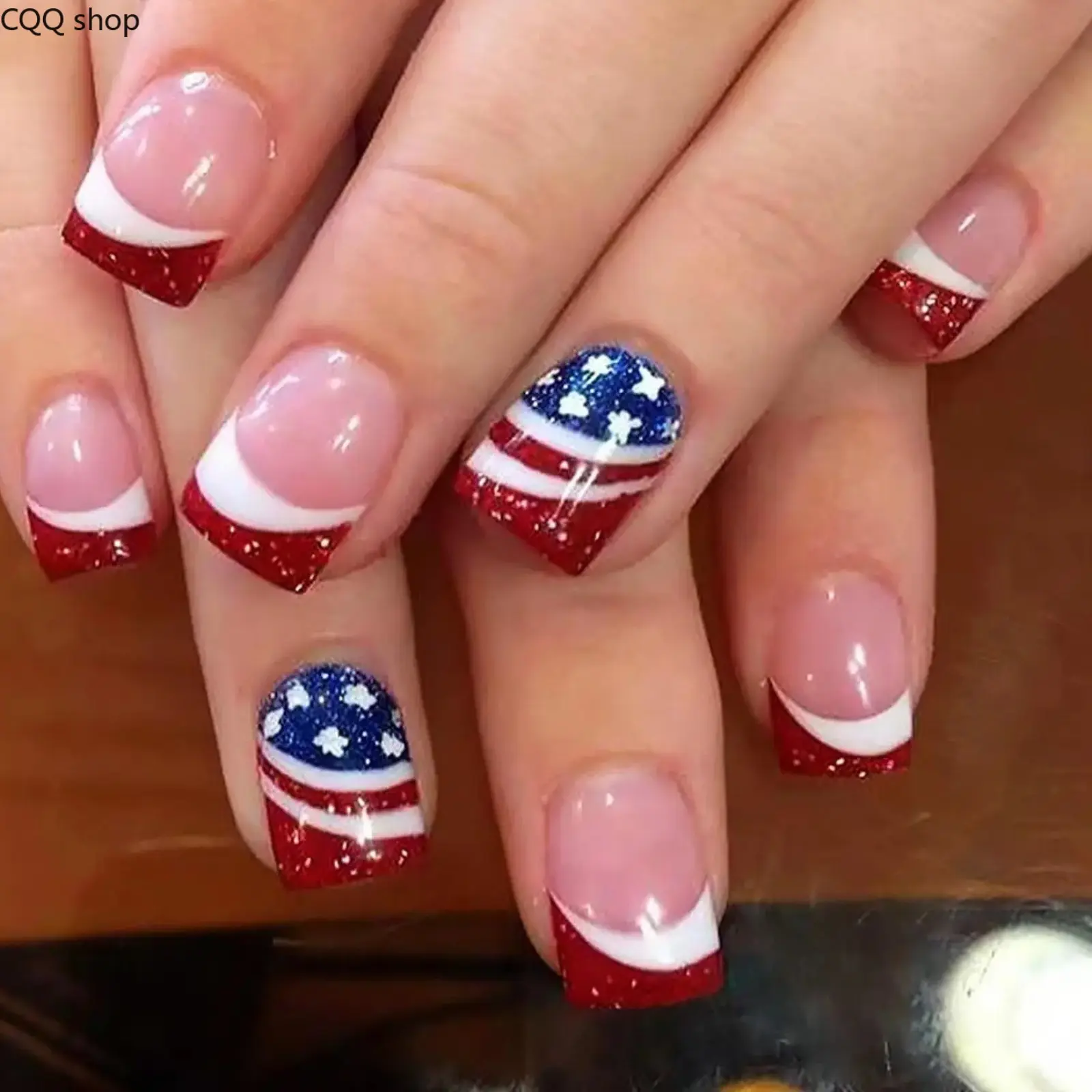 24Pcs Americana Chic Press-On Nails, Red White Blue Stars & Hearts Fake Nails for July 4th Independence Day, Long Lasting Summer Statement Salon Manicure