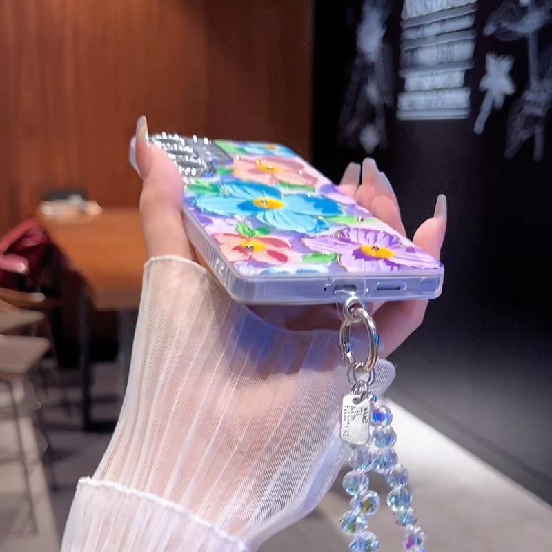 For S25/24/23/S22 blue light oil painting Green and Pink flower shell anti fall protective cover  HN201