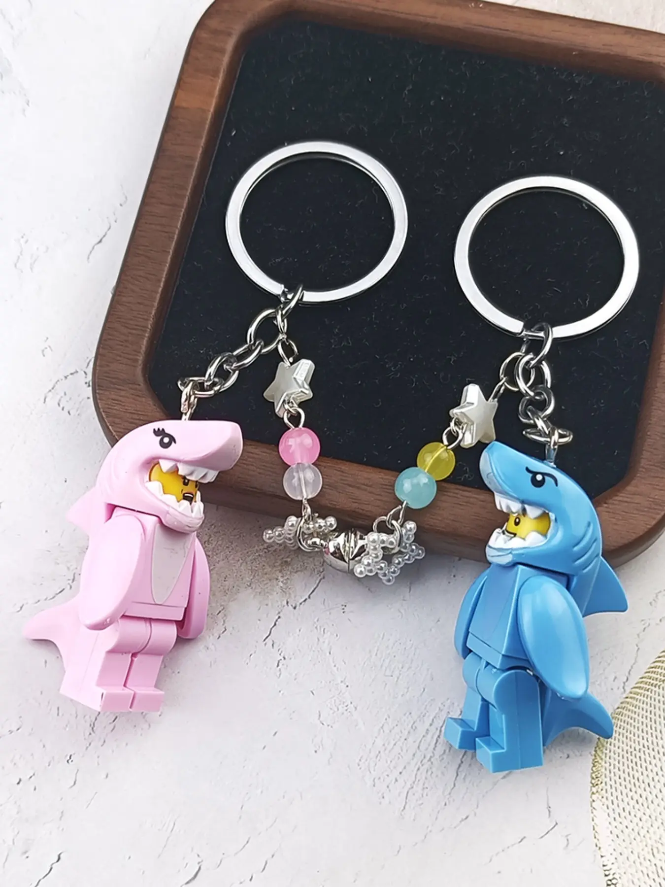 Blue Shark Keychains, Magnetic Pair with Macaron Beads & Star Charms, Cute Couple Accessory, Charming Design for Keys & Backpacks, Beaded Keychain