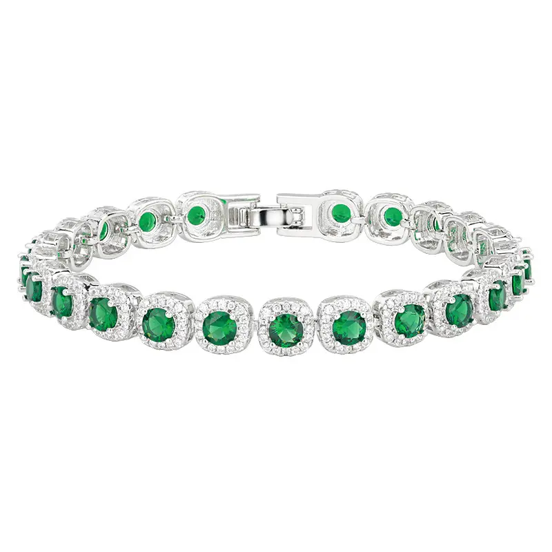 Women's 14K White Gold Luxury 4mm Round Cut Emerald Diamond Halo Tennis Bracelet, Rare Stone Link Jewelry for Evening Parties, Anniversaries Gifts