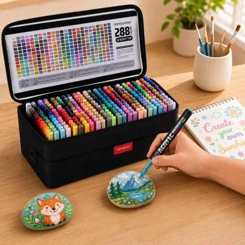 Languo New 288 Colors Acrylic Markers Set, Professional Art Supplies, Fine Soft Brush Tips, Quick Dry, Large Capacity, Ideal for DIY Crafts, Coloring Markers