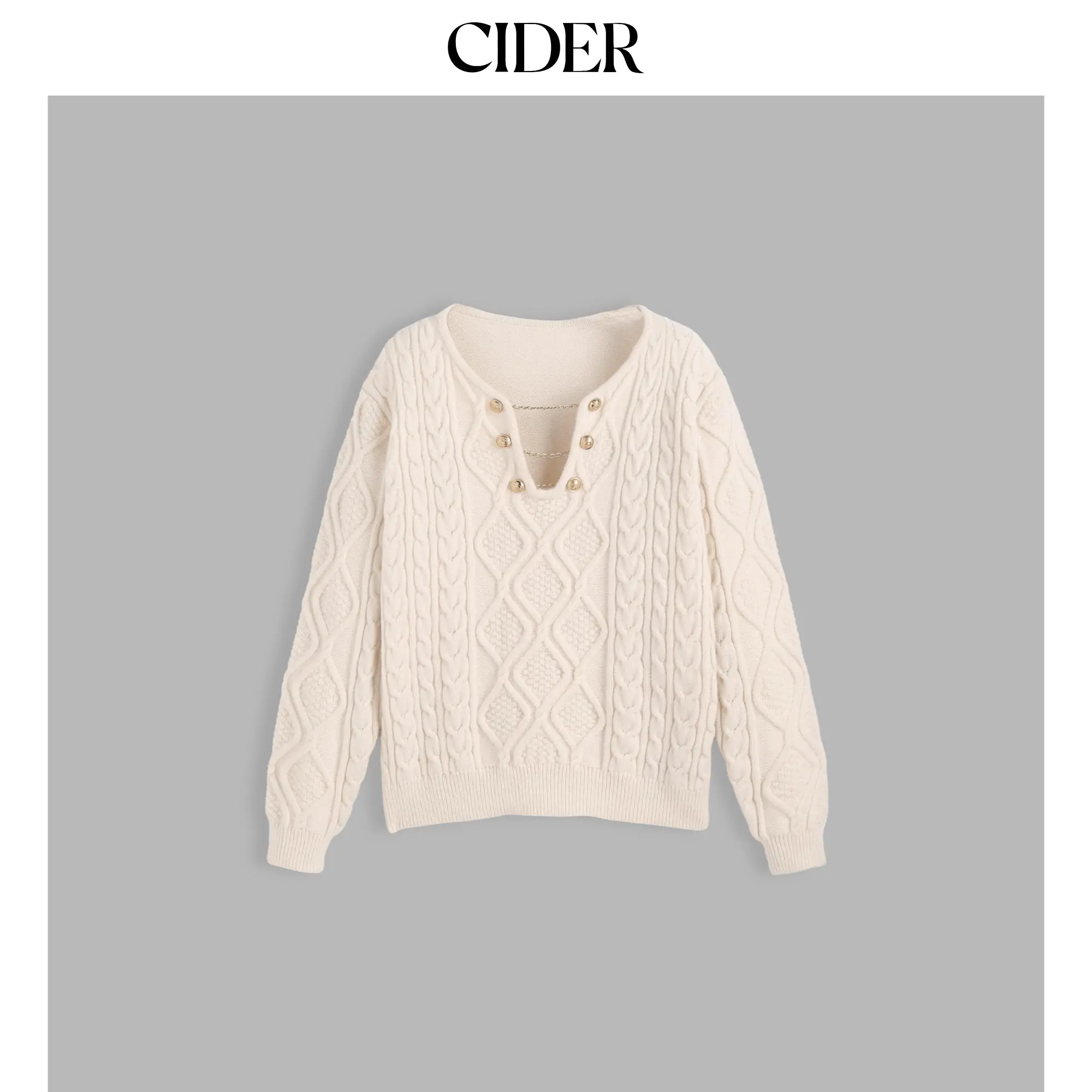 Cider [size 2-10] Cable Knit Round Neck Chain Button Long Sleeve Top