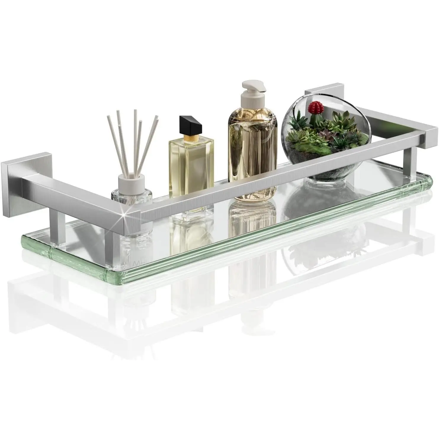 Glass Shelf for Bathroom 16 Inch, Brushed Nickel Floating Glass Shelf | Tempered Glass Bathroom Shelves for Wall Mounted, Modern Glass Shelf with Stainless Steel Railing