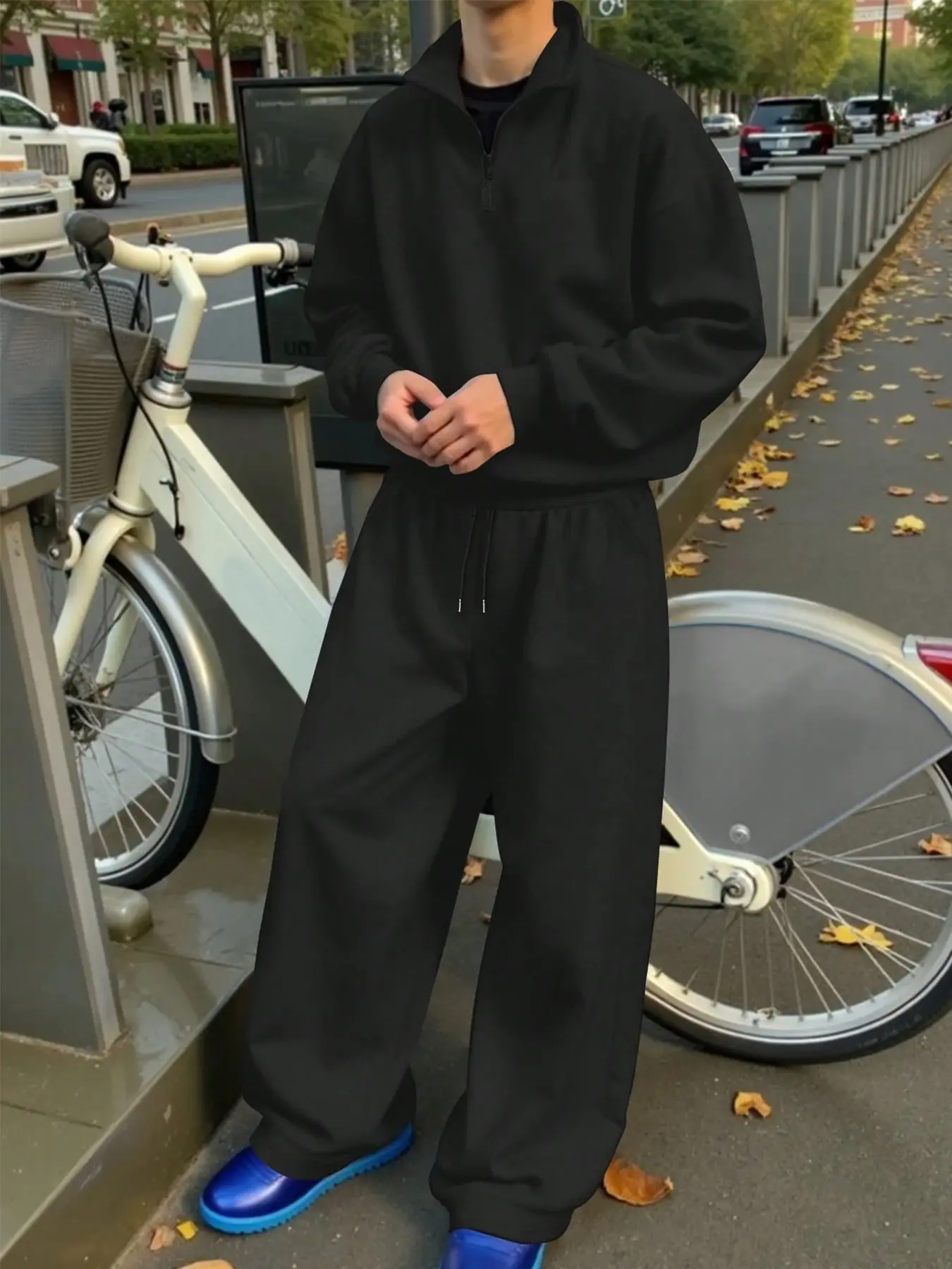 Men's Quarter-Zip Sweatshirt & Wide-Leg Sweatpants Two-Piece Set, Multi-Wear Clean Fit Athleisure Tracksuit, Ideal for Multiple Scenarios: Gym Workouts, Office Commutes, Campus Days, Street Outings, Outdoor Strolls, Loungewear at Home & Date Night Looks