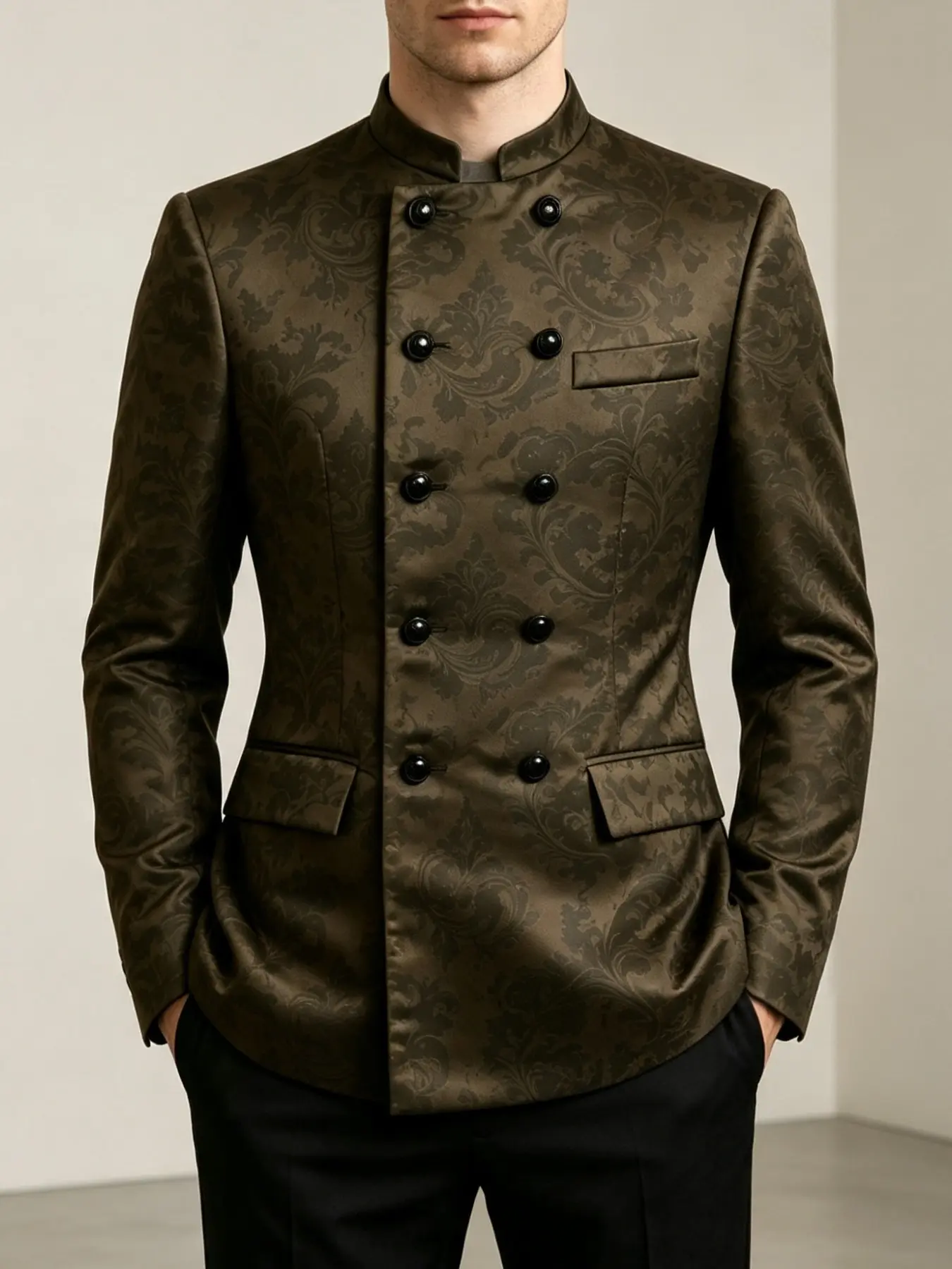 Ainwear Men's Dark Olive Jacquard Floral Print Blazer, Asymmetric Double Breasted, Chinese Style, Formal Occasion Jacket, Wedding Banquet Suit
