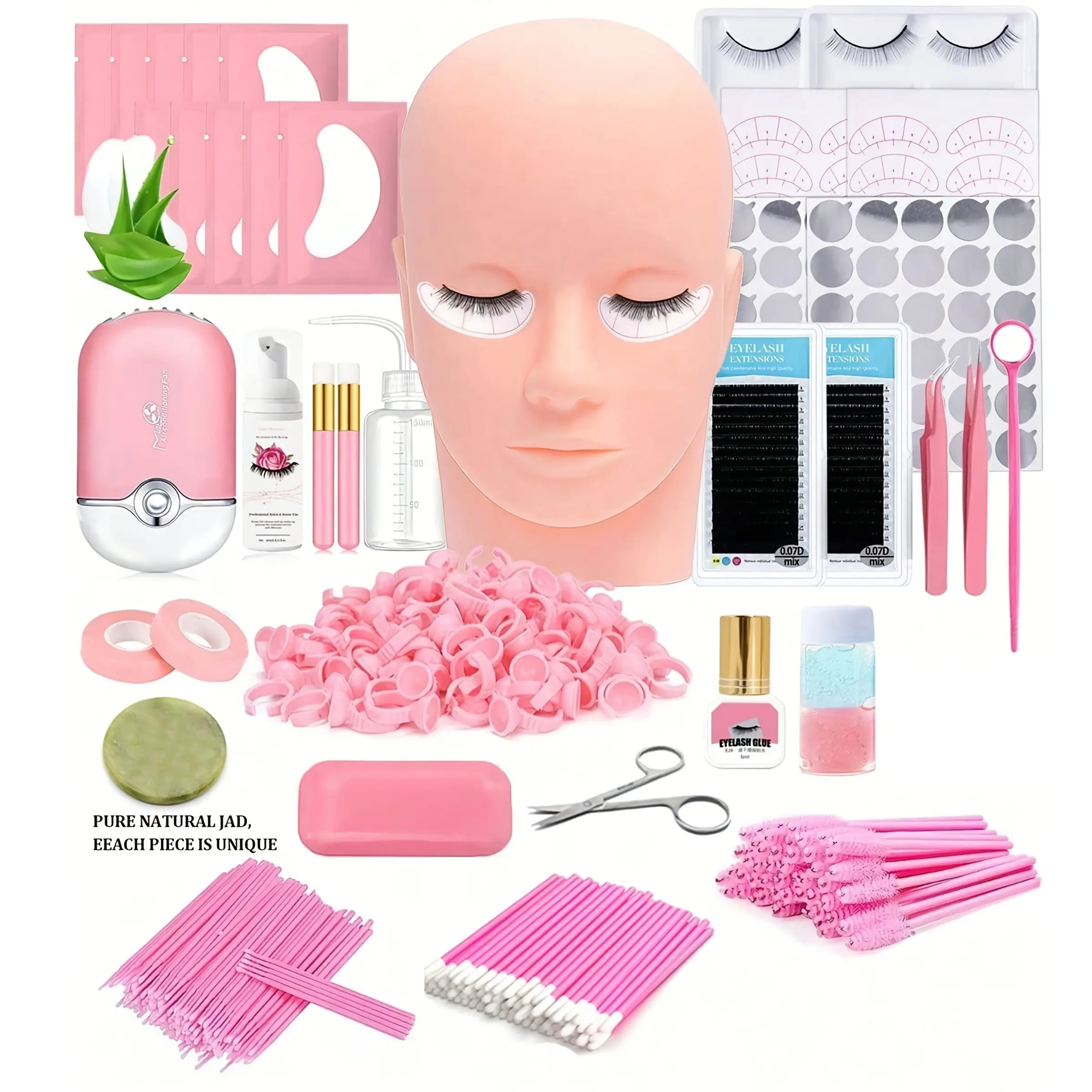 Professional Lash Extension Kit, Beginner Training Set, Human Model Head, Eye Lash Mannequin, USB Fan, Lash Brush, Lash Tool, Spray, 8-15mm Practice Strips, Eyelash Extension Supplies
