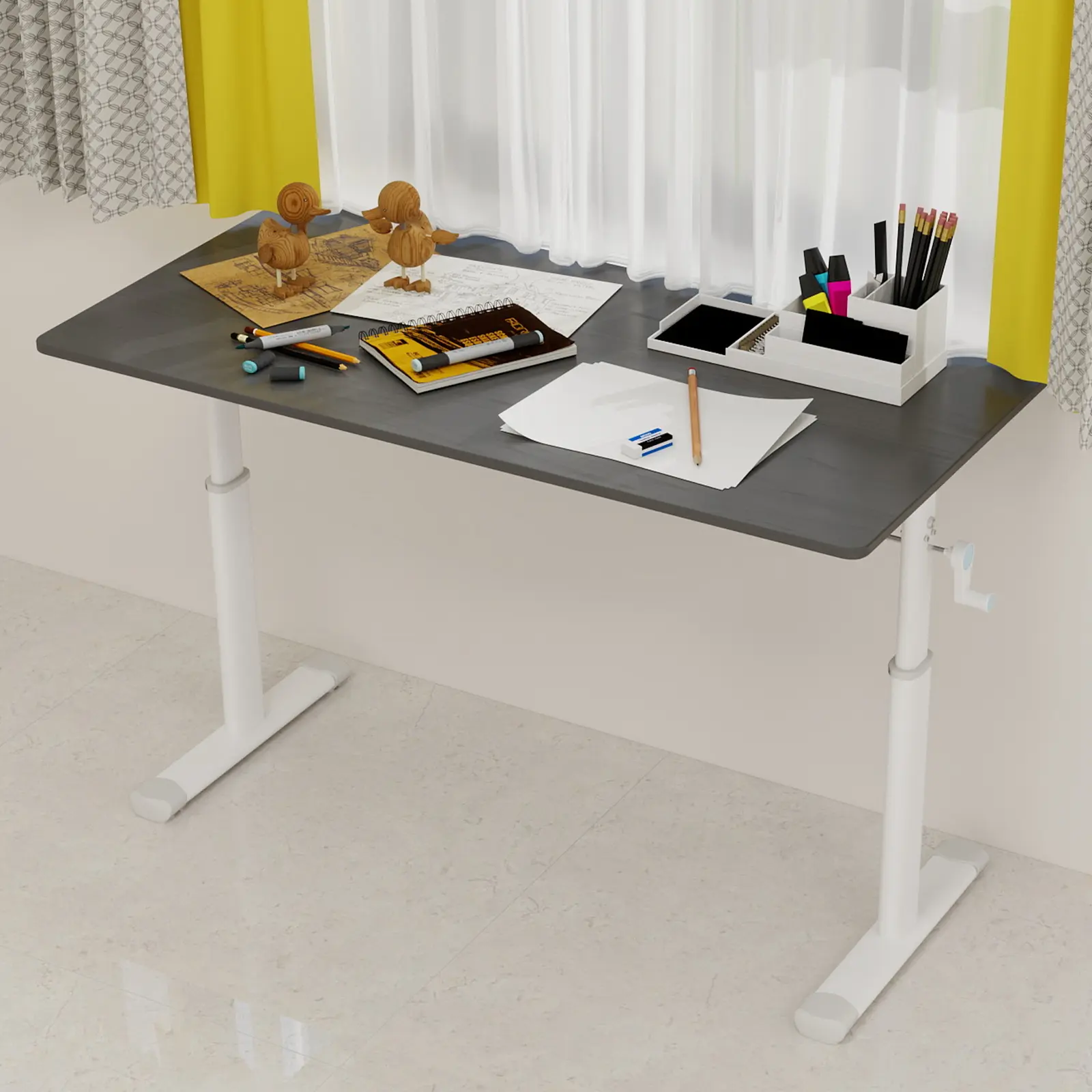 ARCH Height-Adjustable Rectangular Study Desk for Children & Adults, 60x120cm Compact Home Office Desk, Multifunctional White Frame Gray Tabletop Writing Computer Table, Space-Saving Dorm Workstation, 60 Cm * 120 Cm